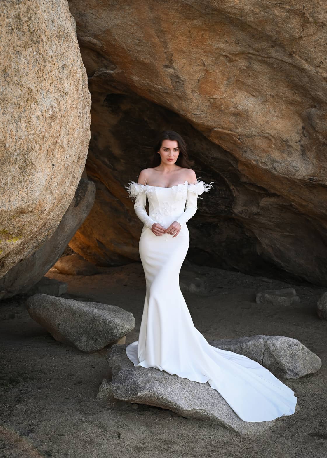 Chic off-the-shoulder wedding dresses including STARGAZE, SAN GABRIEL, CASCADIA, and BURBANK by Dando London